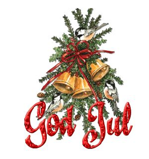 Bild av granris med texten "God Jul"