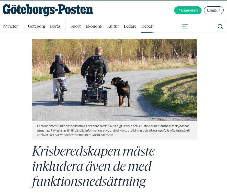 Skärmbild från Göteborgsposten, debattartikel med rubriken: Krisberedskapen måste inkludera även de med funktionsnedsättning