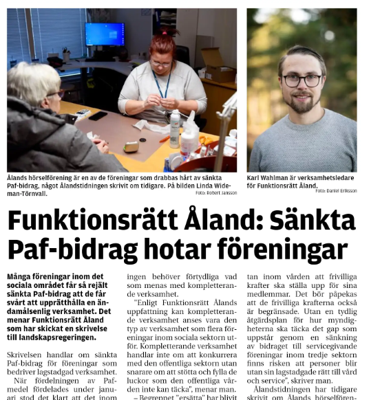 Del av tidningssida med foto av man och rubriken: Funktionsrätt Åland: sänkta Paf-bidrag hotar föreningar