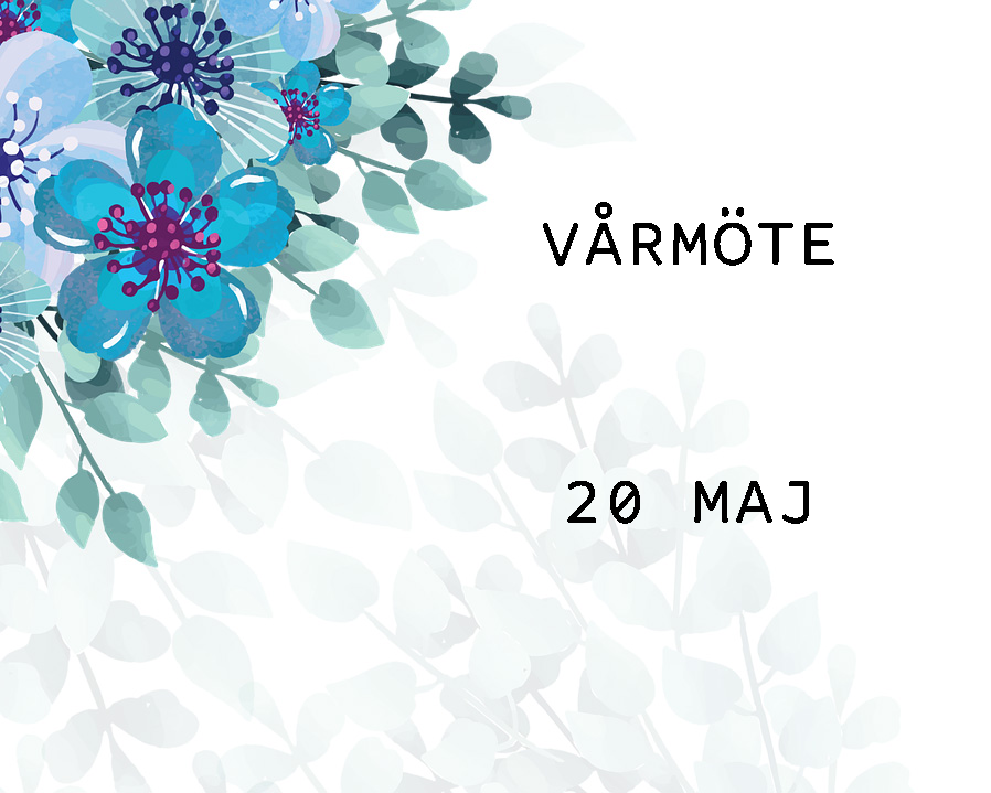 Illustration av blå blommor samt texten: vårmöte 20 maj