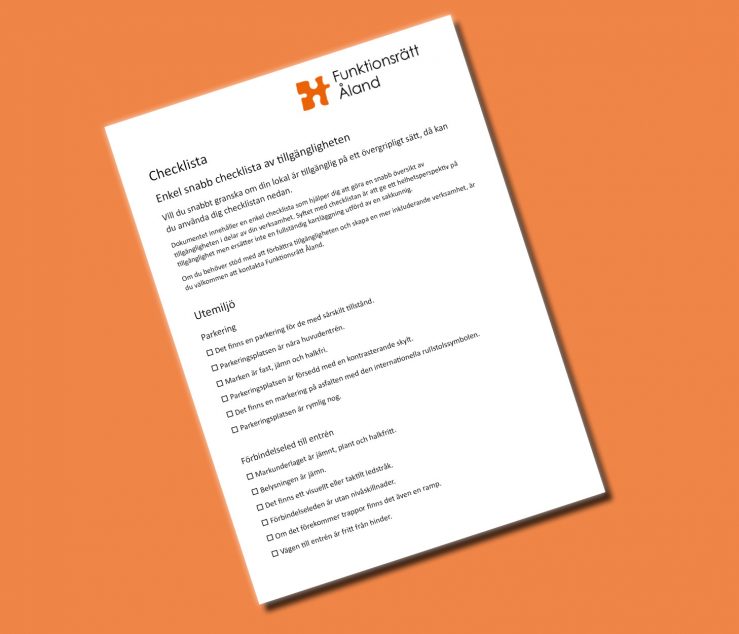 Illustration av framsidan av cehklistan med liten text, på orange bakgrund