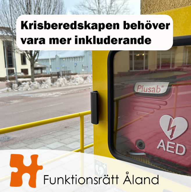 Foto av en hjärtstartare utomhus samt rubrik: Krisberedskapen behöver vara mer inkluderande