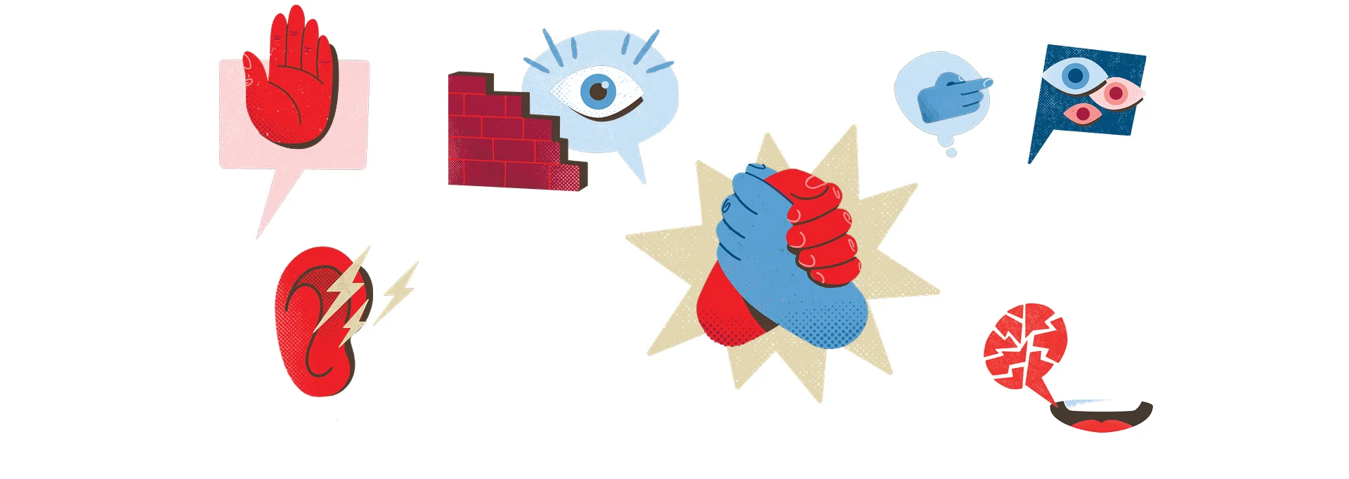 Illustration med flertal symboler såsom handflata som söger "stopp", två händer som tar varandra i hand, ett öra med blixtar med flera.