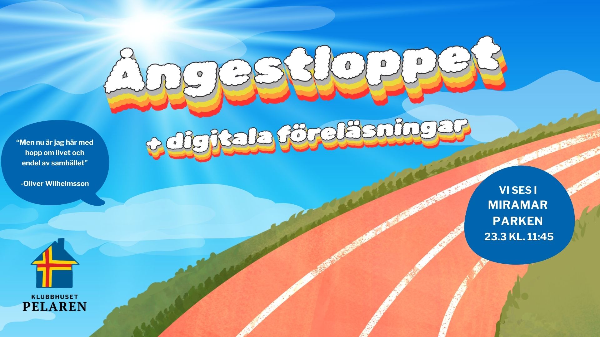 Tecknat bild med himmel och löpbana och informationstext om loppet
