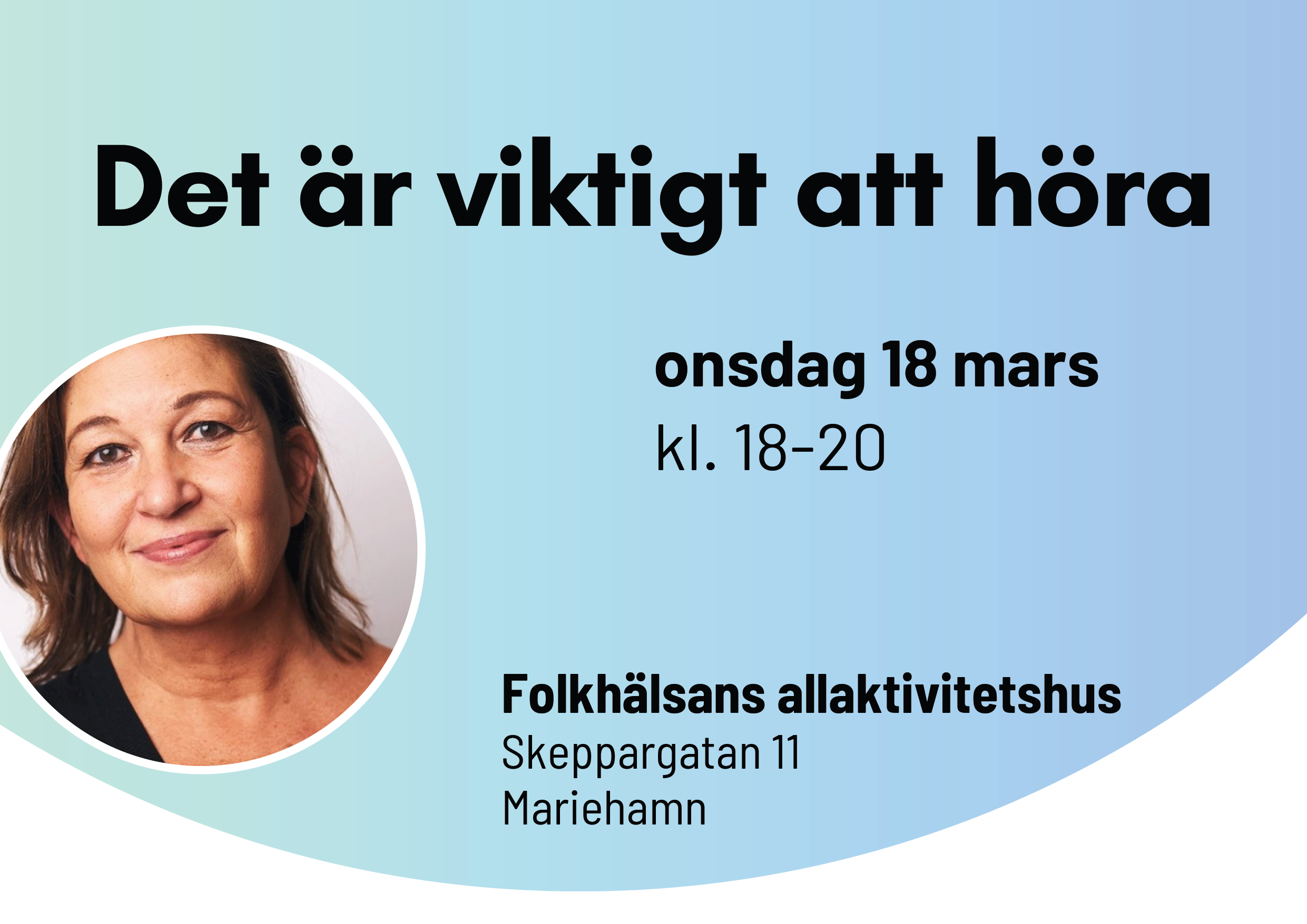 Flyer till föreläsningen med ett porträtt av föreläsaren och informationstext med titel, datum och plats