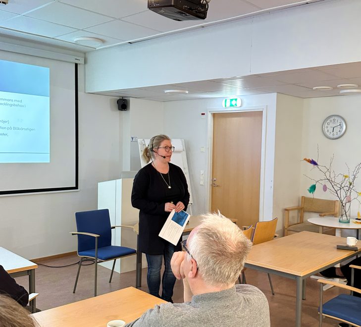 foto visar kvinna framför skärm inför en publik