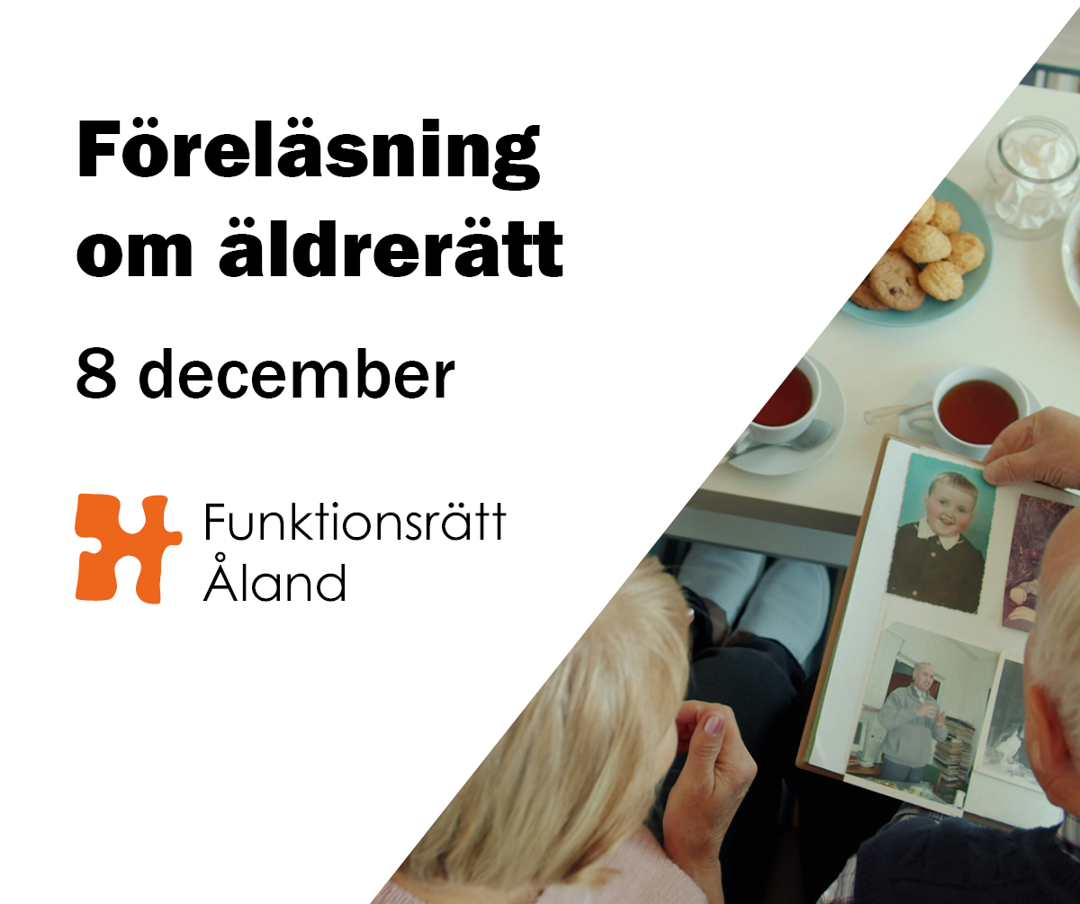 Text: föreläsning om äldrerätt 8 december, foto av bord med kaffekopp och fotografi