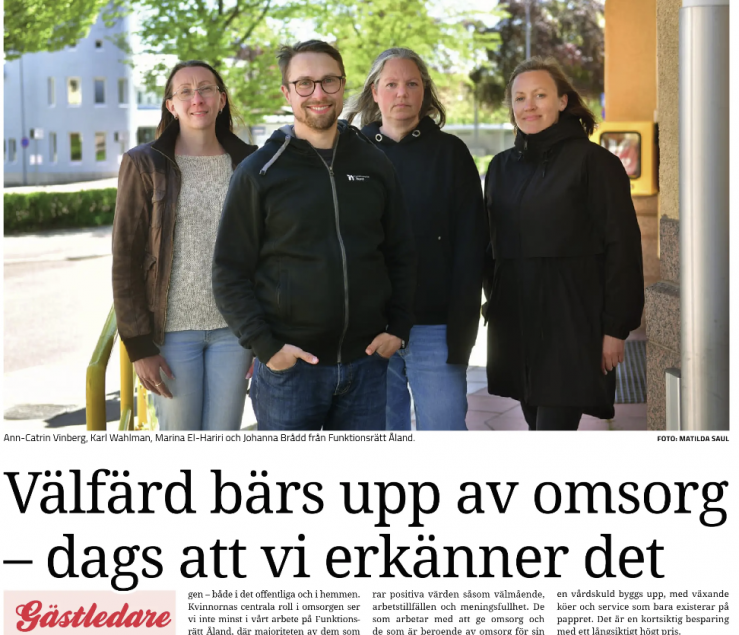 Skärmklipp från tidningssida med fyra personer utomhus, rubriken: Välfärd byggs upp av omsorg, dags att vi erkänner det
