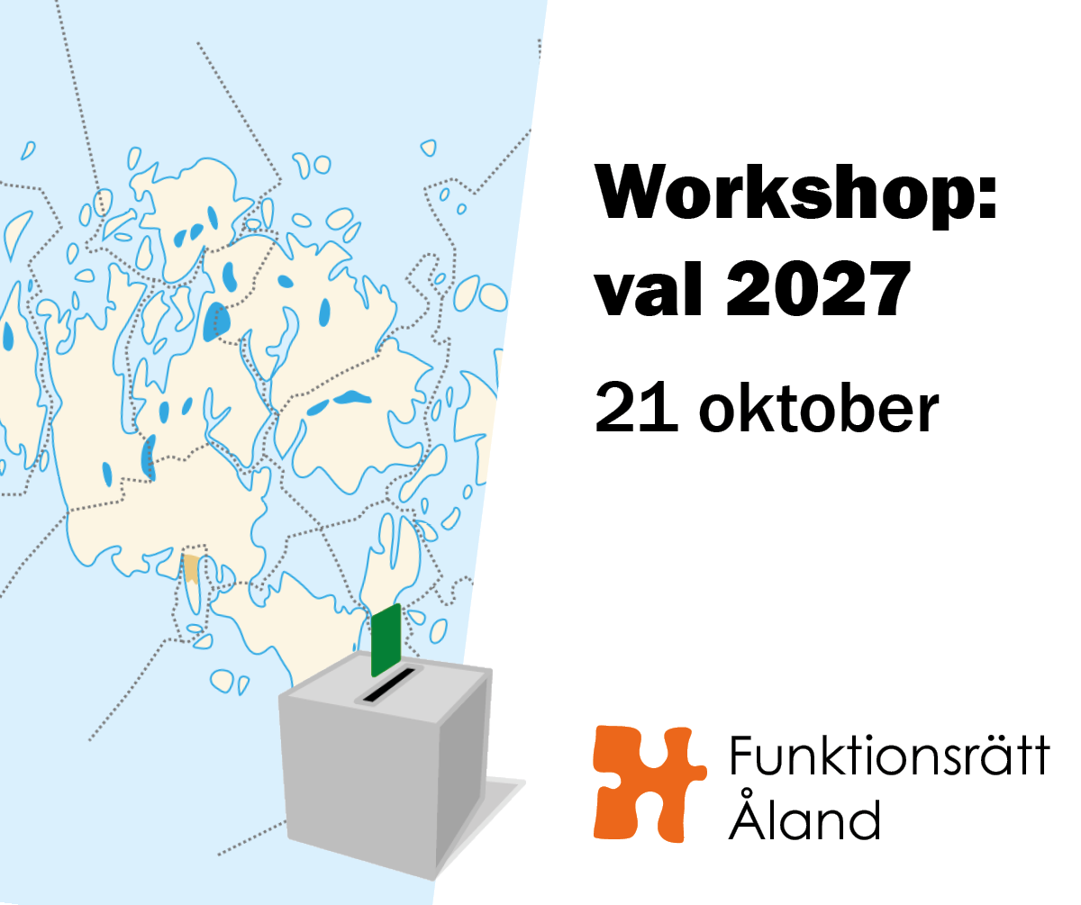 Tecknad karta av Åland och texten "Workshop: val 2027, 21 oktober" och Funktionsrätt Ålands logo