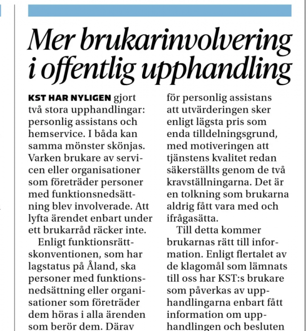Skärmbild av tidningssida med rubrik: Mer brukarinvolvering i offentlig upphandling